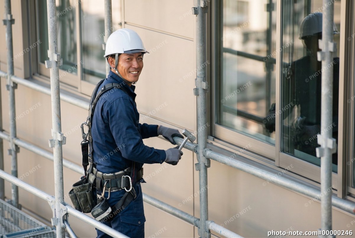 足場工事で笑顔の男性作業員