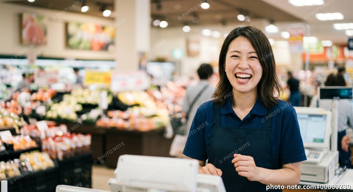 スーパーのレジに立つ笑顔の女性