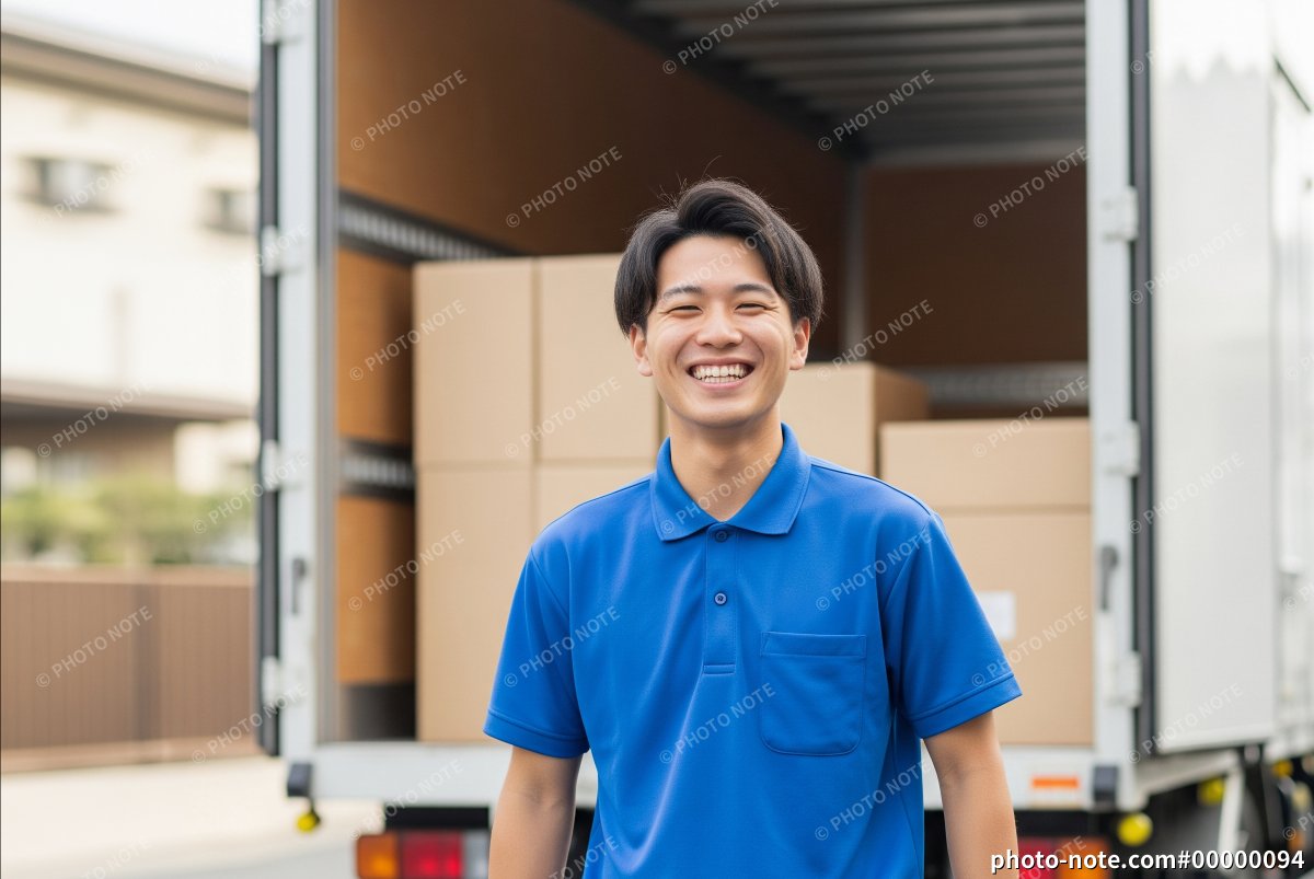 トラックの荷台の前で笑顔の男性