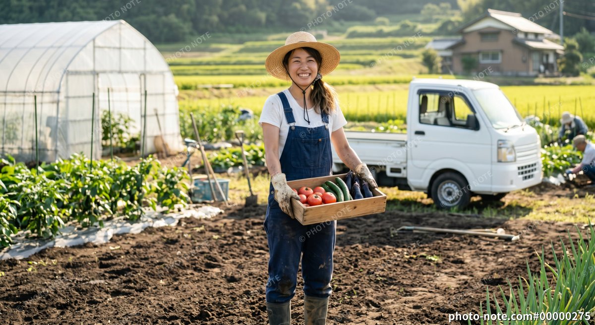 畑でトマトやナスなどの夏野菜を収穫する笑顔の若い女性