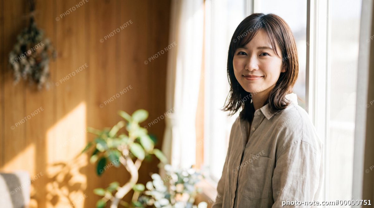 自然光の入る室内で微笑む女性