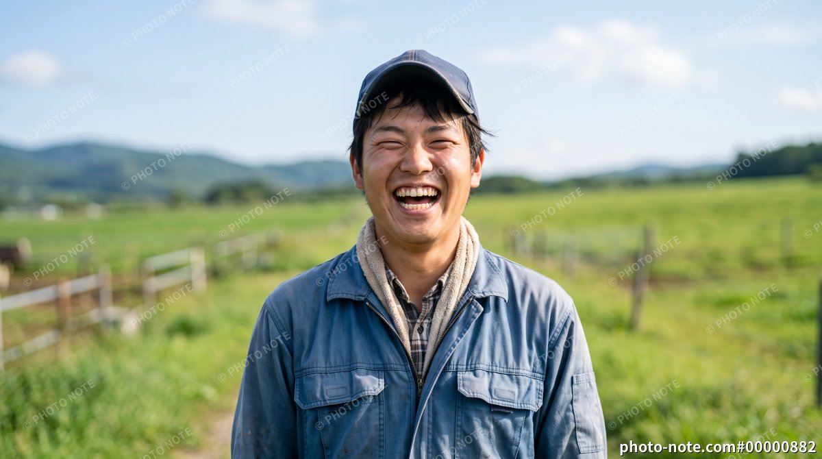 青空が広がる牧草地でカメラに向かって笑う若い酪農スタッフの男性