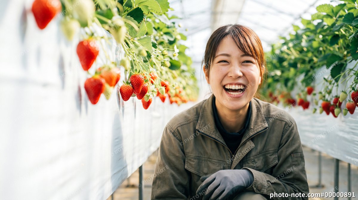 いちごハウスで作業中に笑顔を見せる若い女性農家