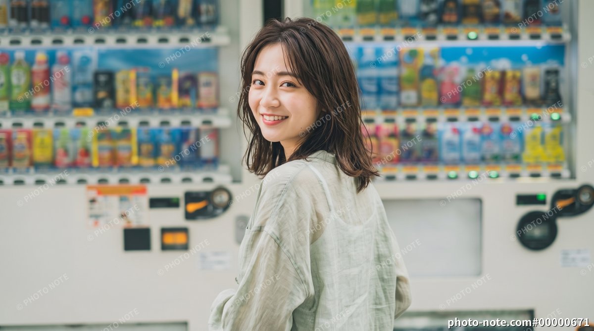 自動販売機の前で振り返って微笑む若い女性