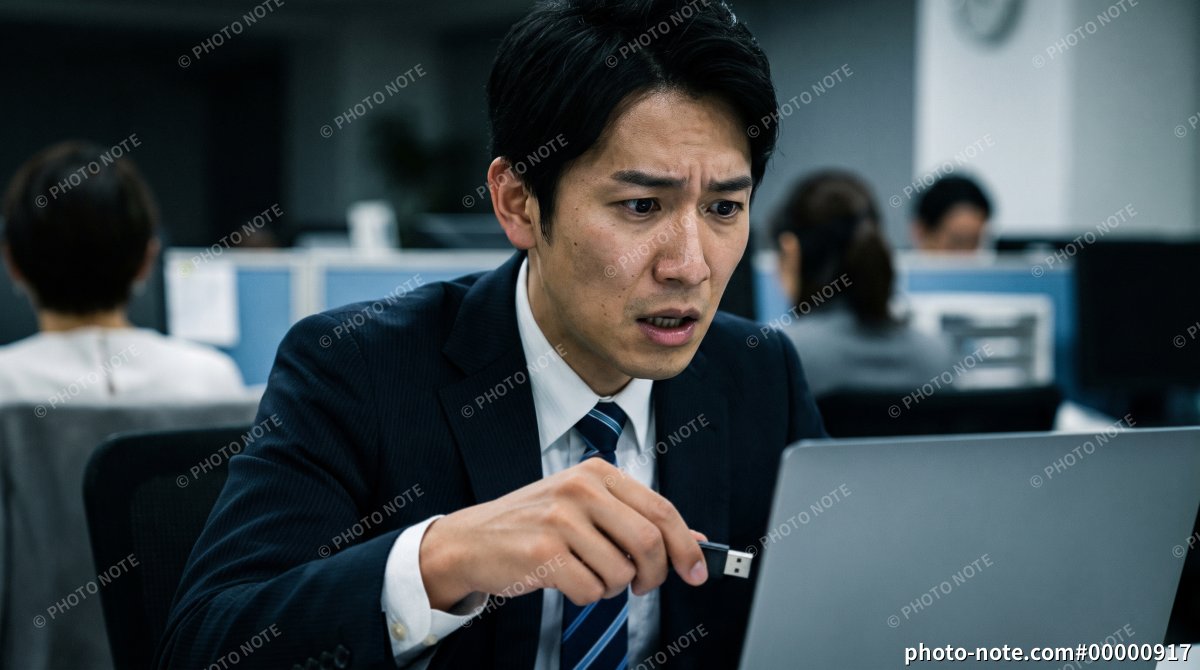オフィスでパソコンにUSBメモリを挿し焦る男性会社員