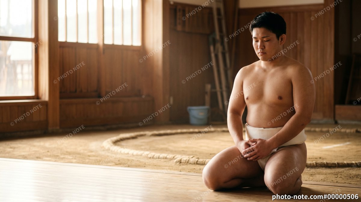 朝の稽古場の土俵前で正座し瞑想する若い力士と光