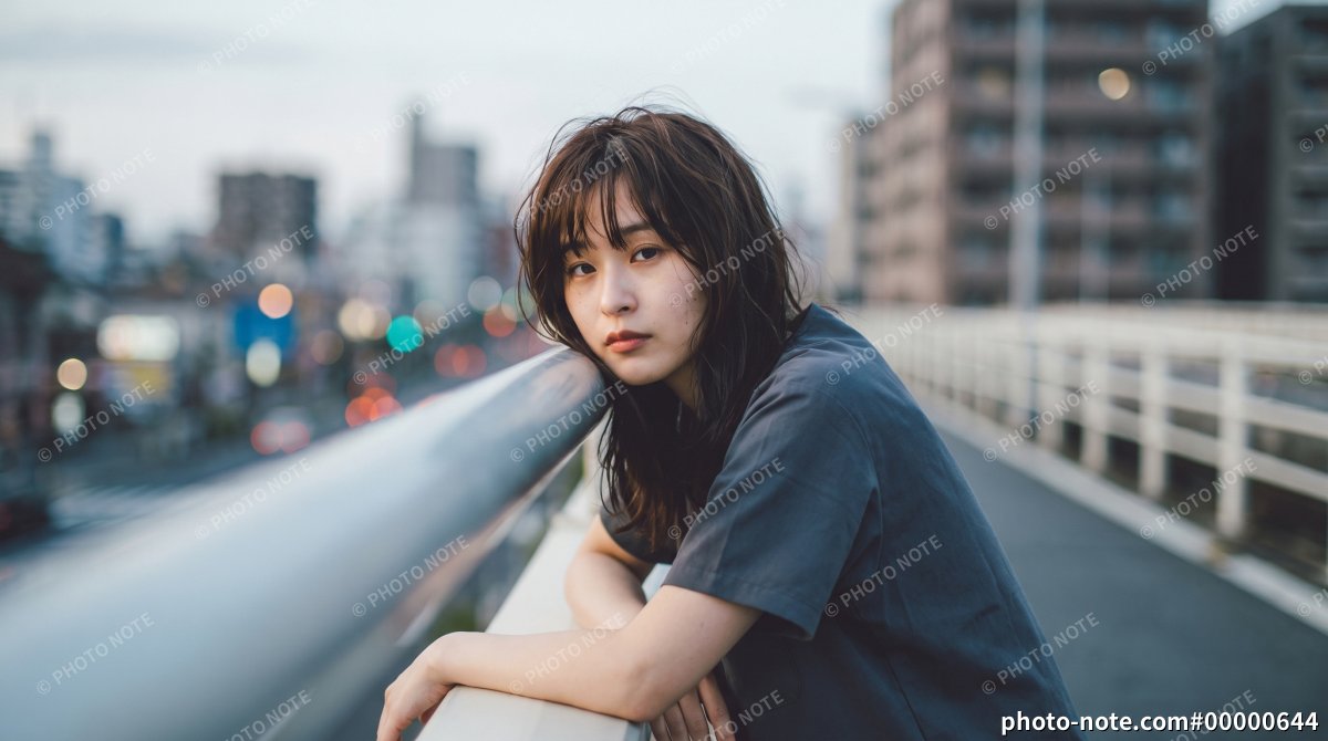 夕暮れの街角で物憂げな表情を浮かべる女性
