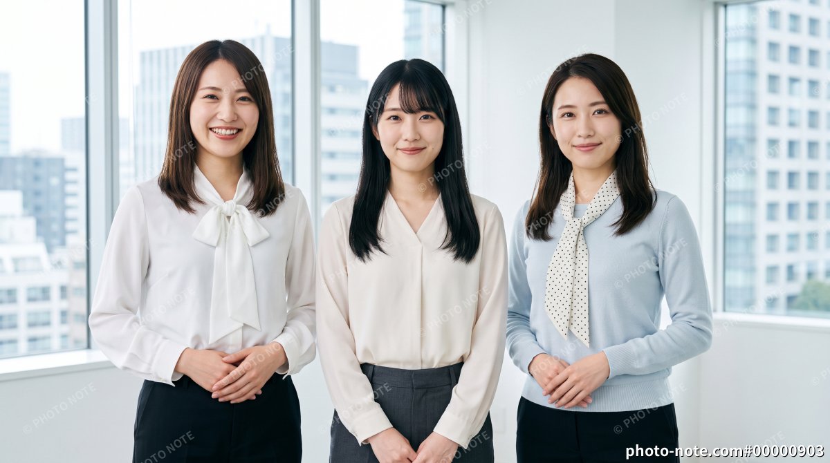 オフィスで手を前で重ねて並ぶオフィスカジュアル姿の女性社員3人