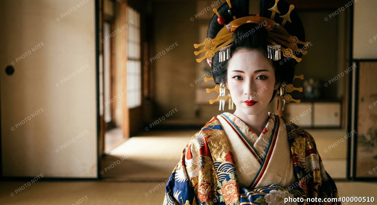 伝統的な花魁風の着物を着た女性
