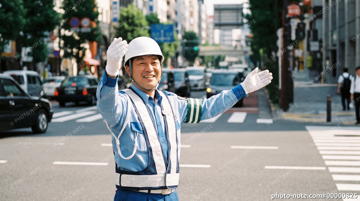 笑顔で車両を誘導する交通誘導警備員