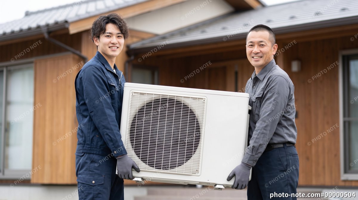 エアコンの室外機を運搬する2人の男性作業員