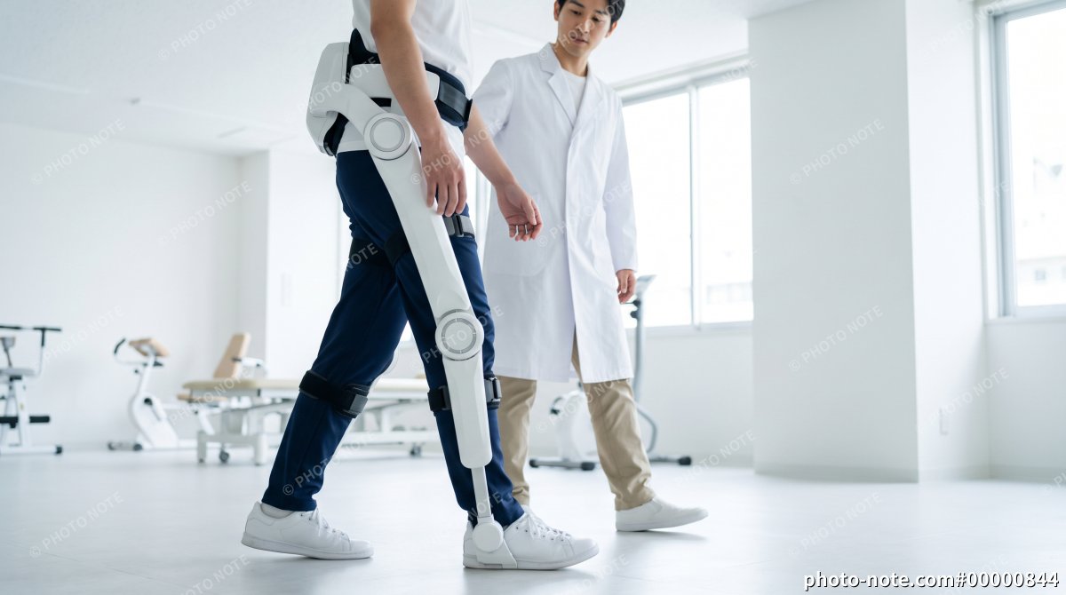 歩行訓練を行う患者とパワーアシストスーツ、リハビリテーションのイメージ
