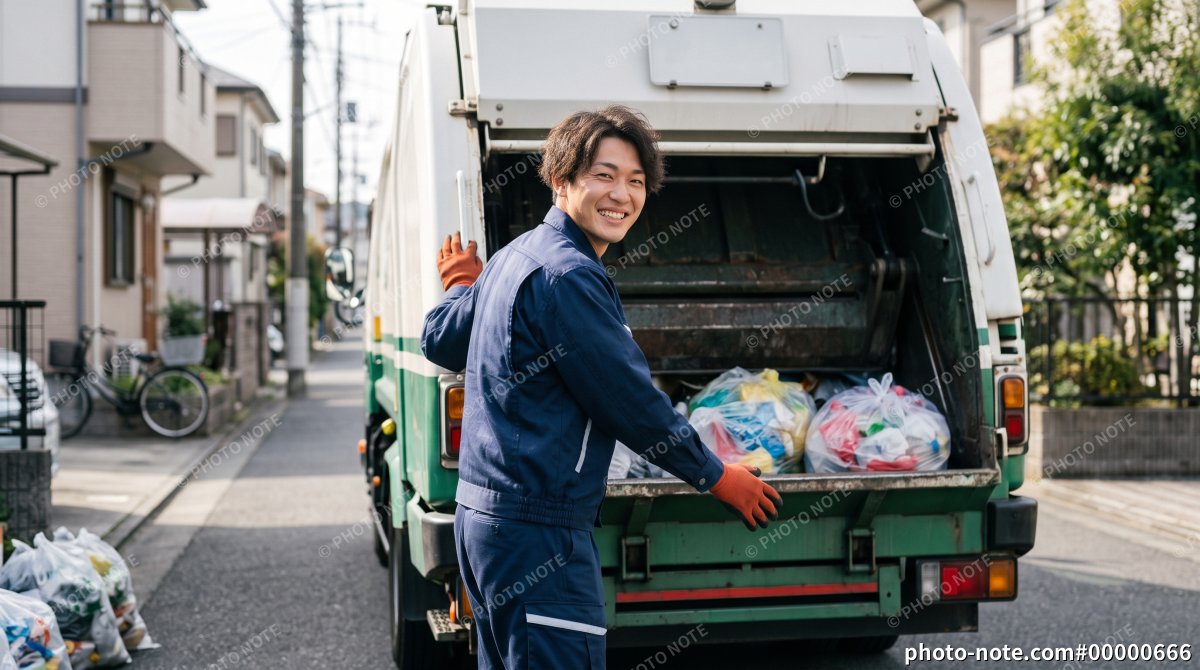 ゴミ収集車の作業中に笑顔を見せるゴミ収集員