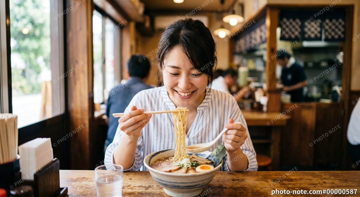 ラーメンを食べる女性