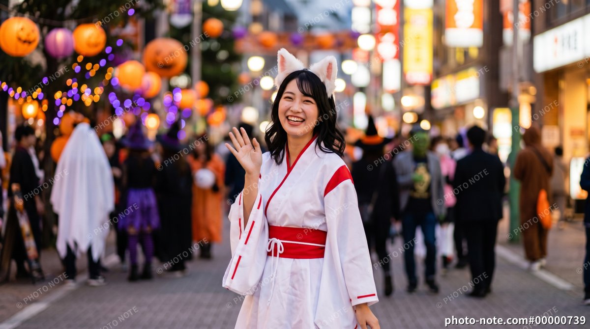 ハロウィンイベントで猫耳と和風衣装の仮装を楽しむ女性