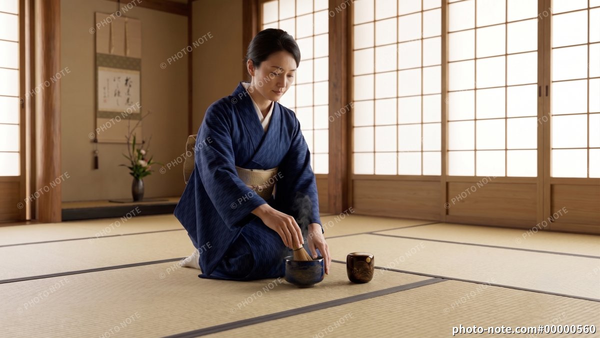 和室で抹茶を点てる着物姿の女性