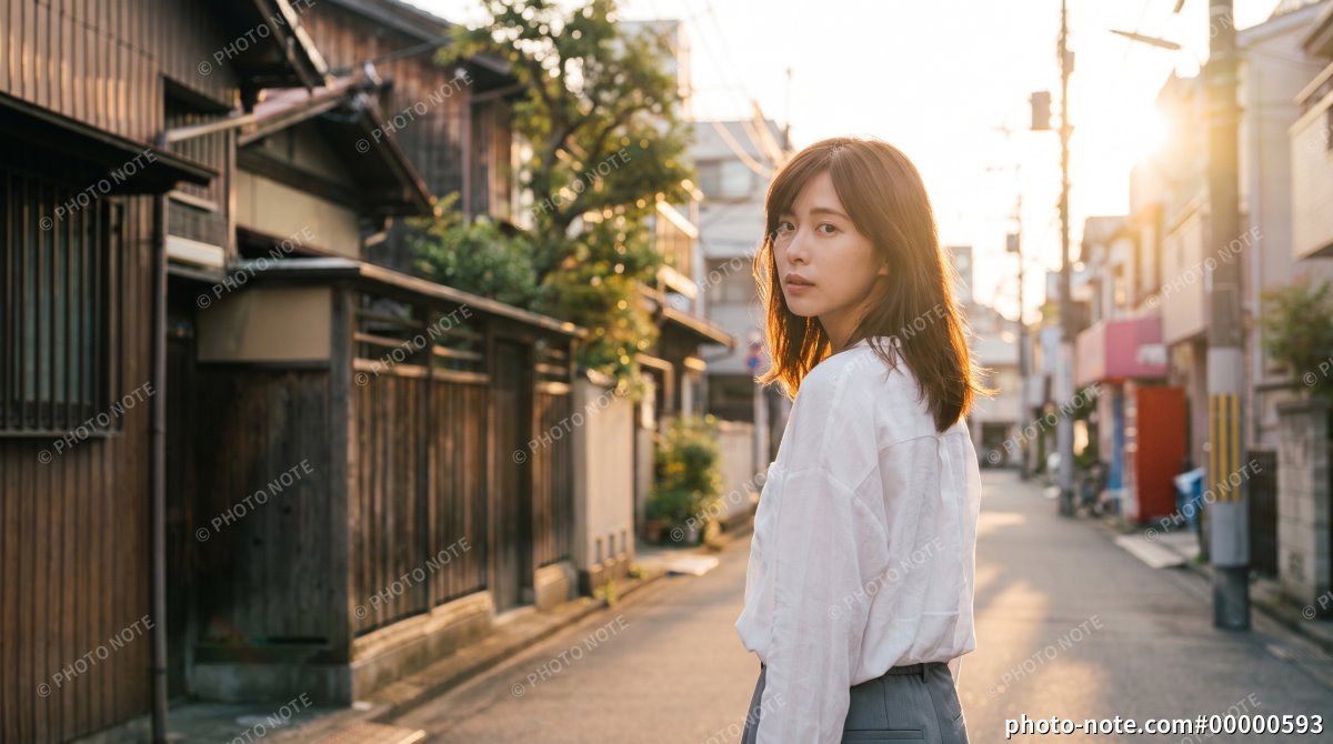 夕焼けの下町の路地を振り返る女性