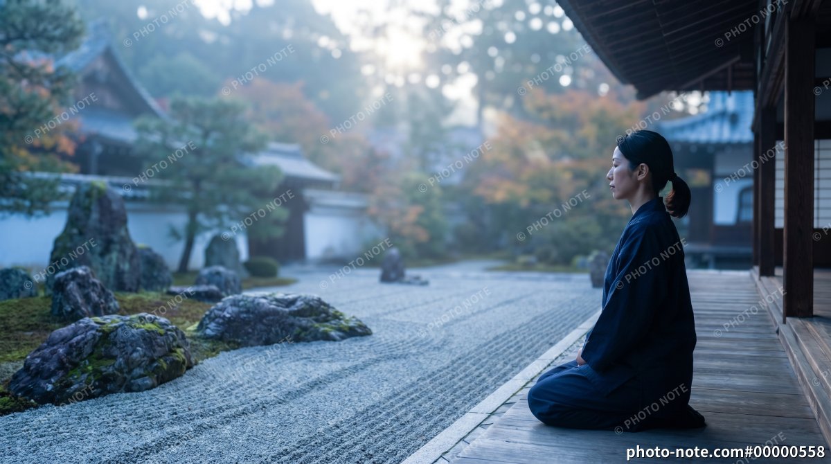 枯山水の庭と瞑想する女性
