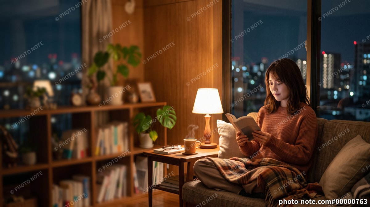 夜景の見えるリビングで温かい飲み物と読書を楽しむ女性