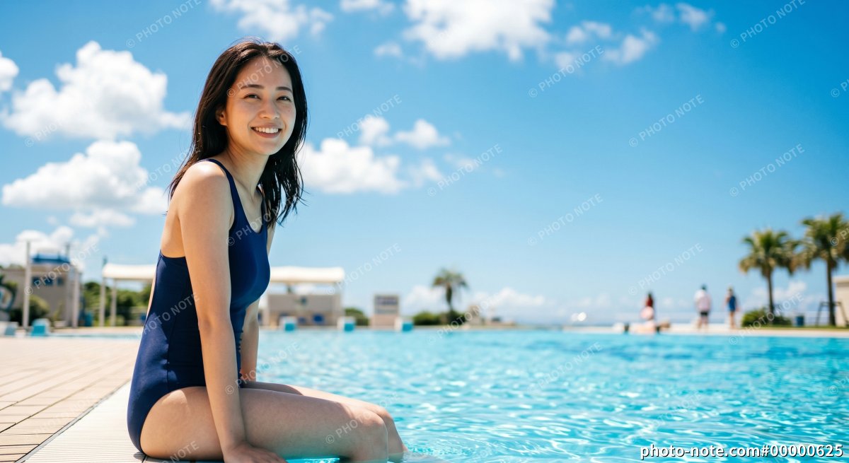 リゾートのプールサイドでリラックスする水着の女性