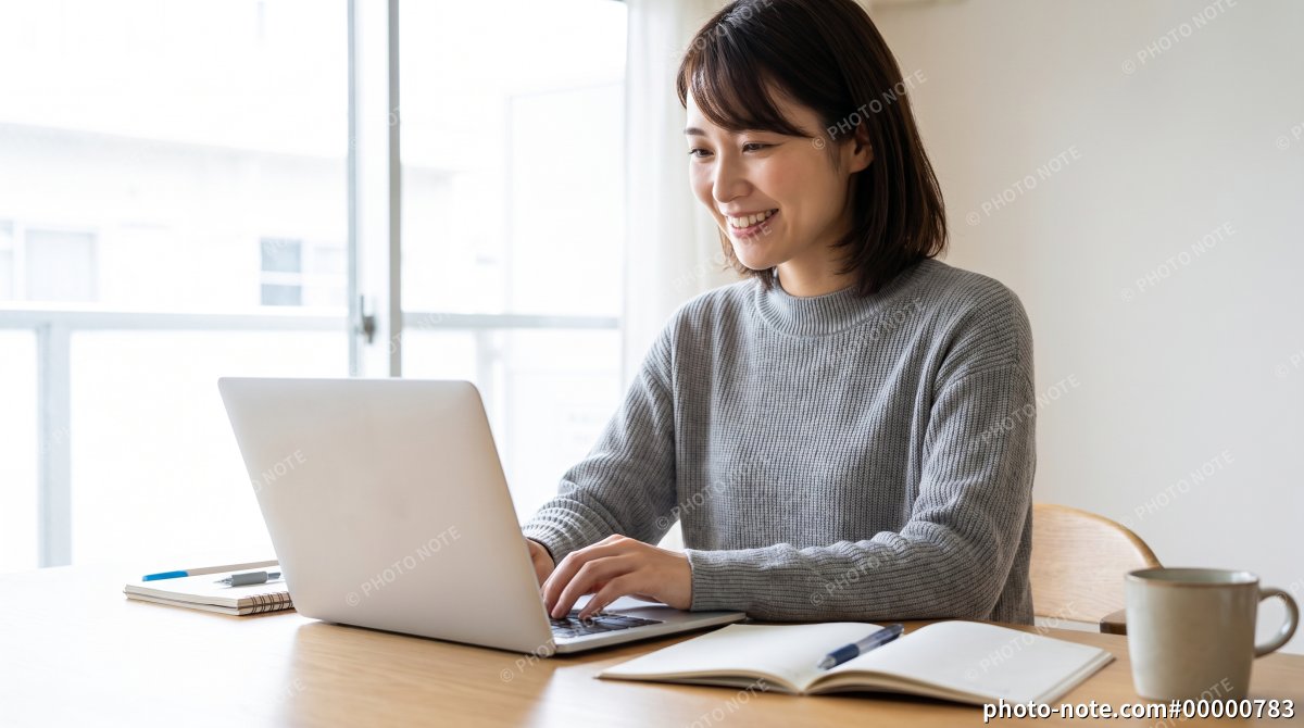 自宅でパソコンを使ってリスキリングに取り組む日本人女性
