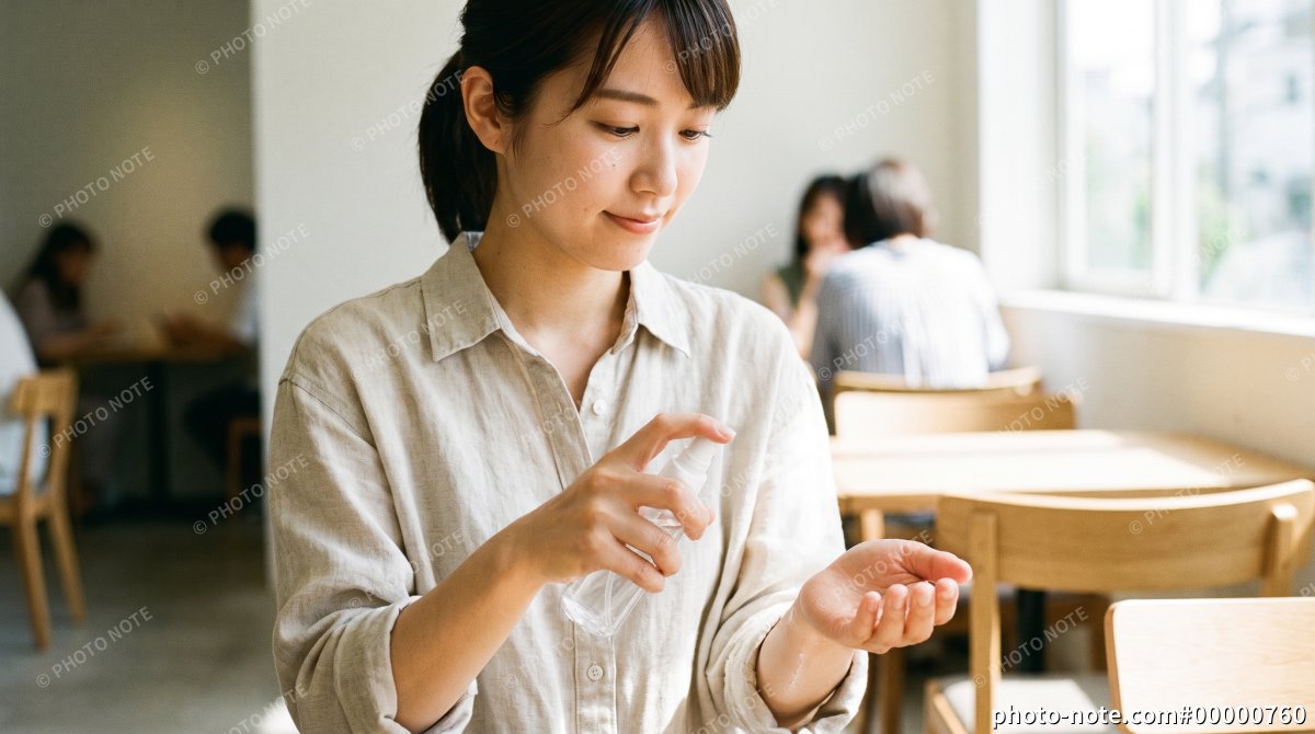 手指をアルコール消毒する女性