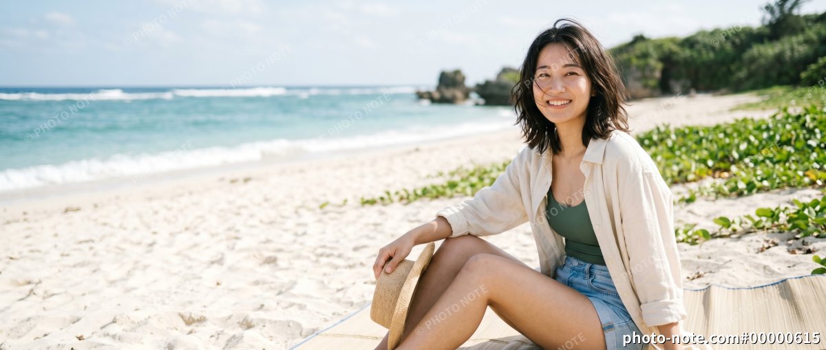 夏の海と砂浜で、リラックスしたひとときを過ごす女性