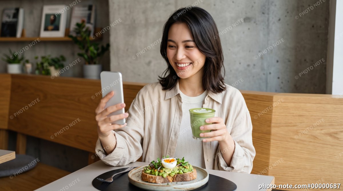 カフェで自撮りをする女性