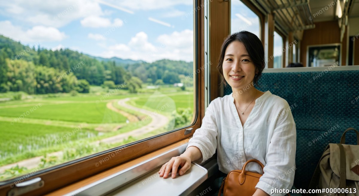 電車で旅行をする女性