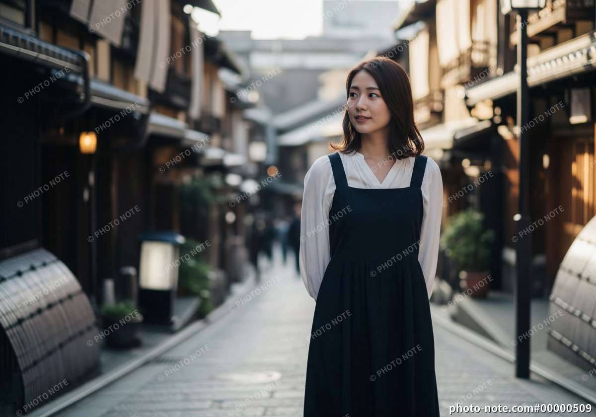 日本の古民家が並ぶ街並みを歩く女性