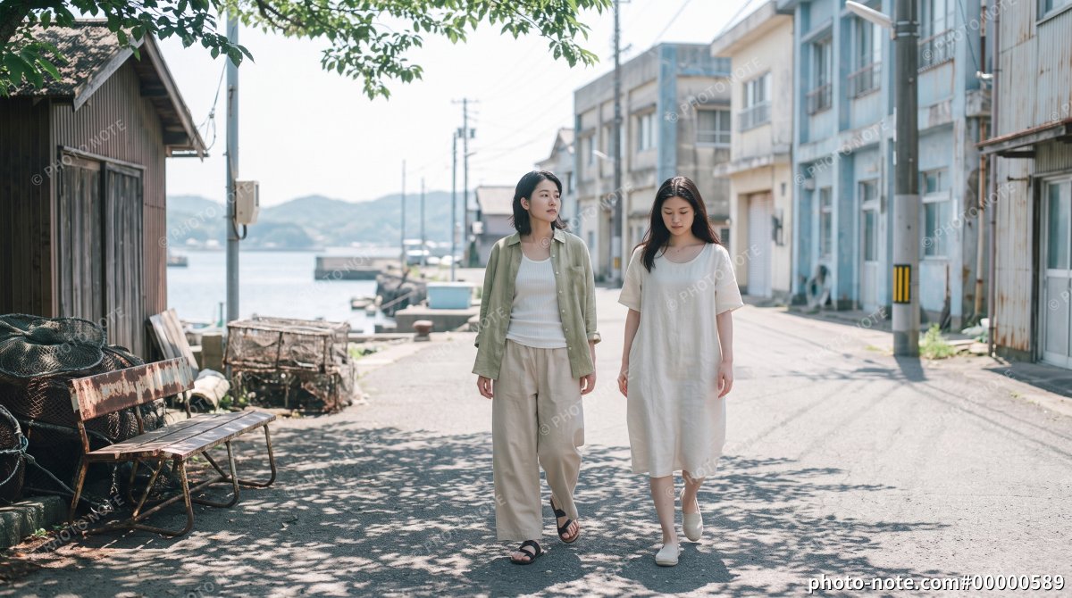 日本の海辺の街を歩く女性