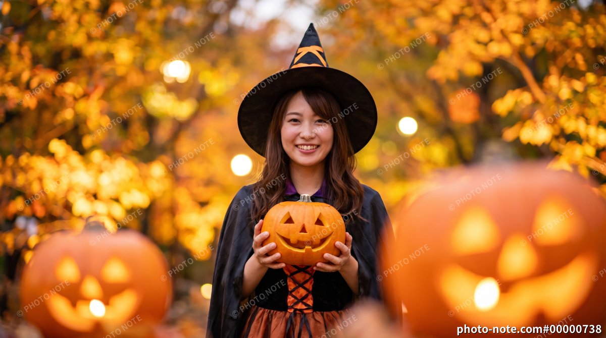 ハロウィンイベントで魔女のコスプレをしてかぼちゃを持つ笑顔の女性