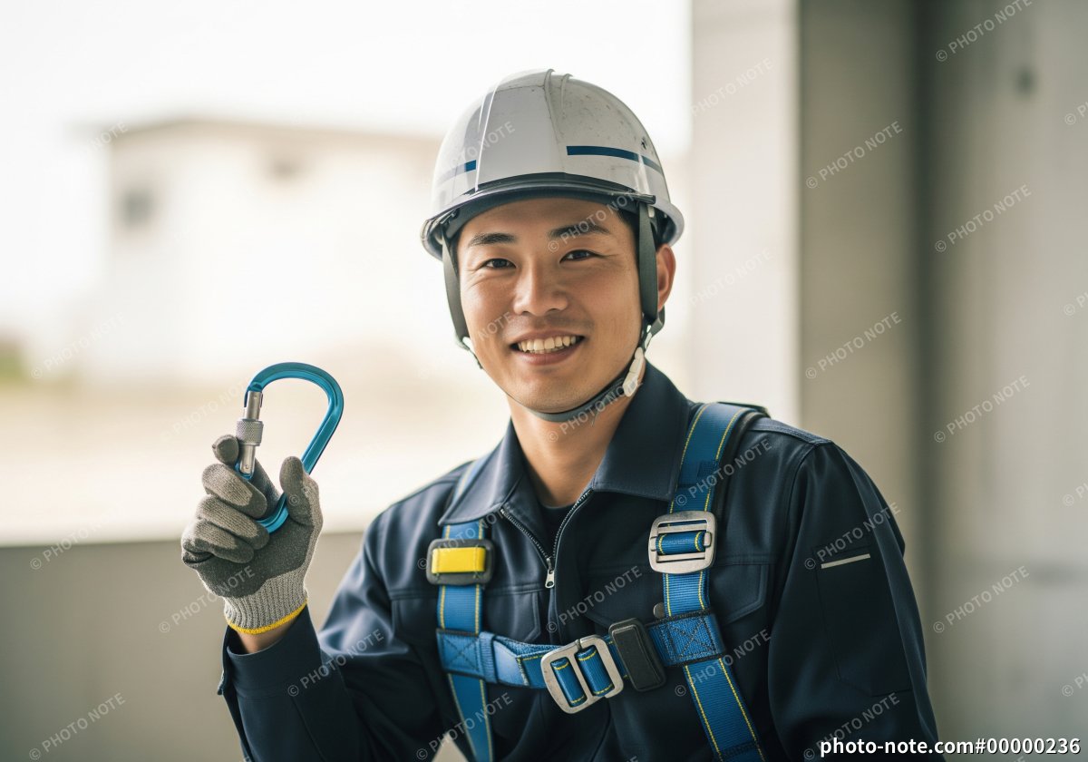 手にカラビナを持ちフルハーネスを着用した作業員