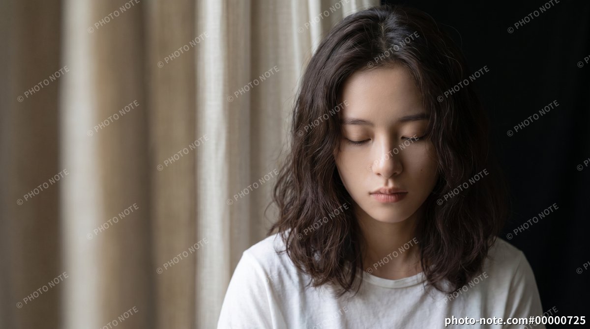 窓辺で目を閉じる白いTシャツ姿の若いアジア人女性