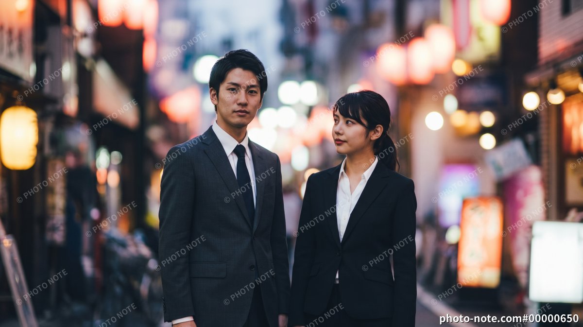 夜の繁華街に立つスーツ姿の若い男女