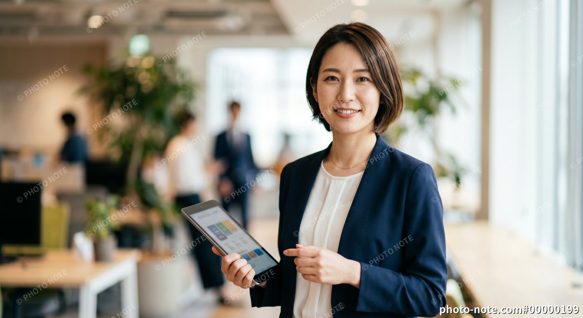 タブレット端末を持つスーツ姿の若い女性