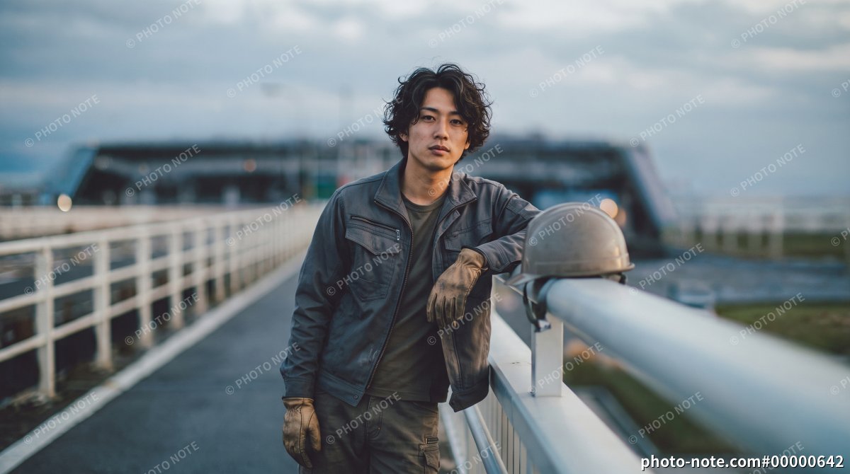 夕暮れの屋外に佇む建設現場の若手作業員の男性
