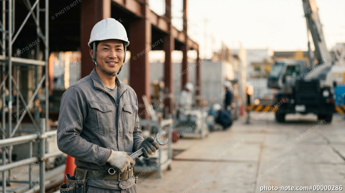 工具を持ち夕暮れの建設現場に立つ作業員
