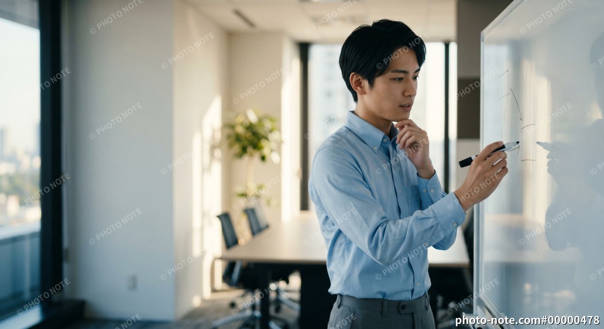 ホワイトボードでアイデアを整理する若手社員