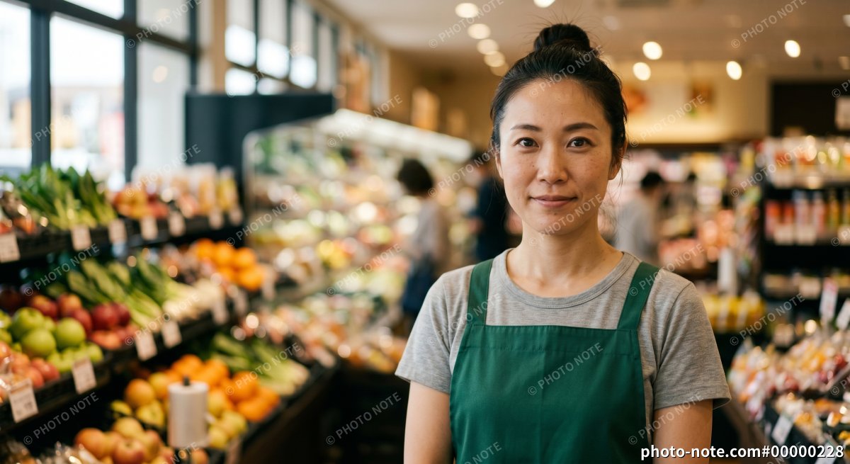 スーパーの売り場に立つ若い女性店員