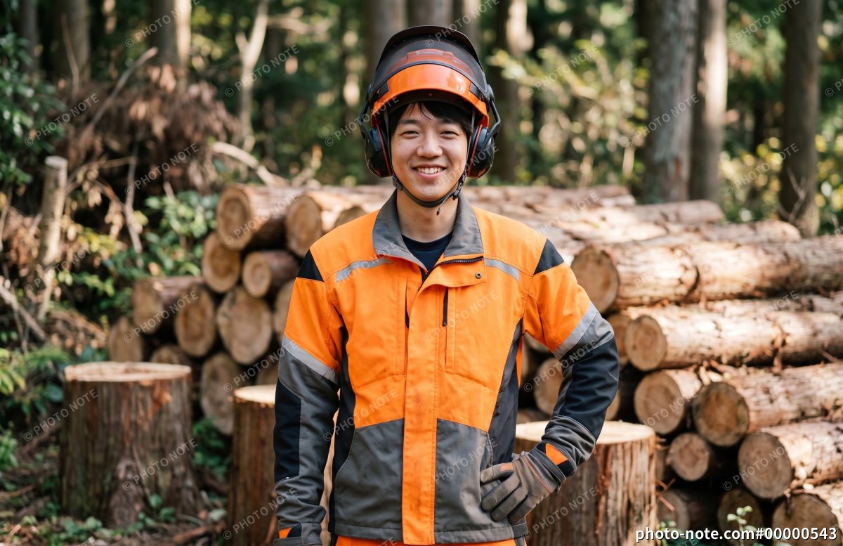 林業で働く若い男性作業員
