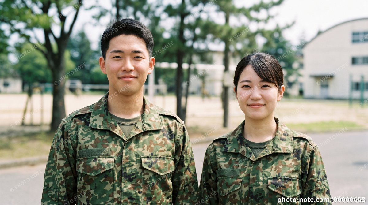 迷彩服を着た若い男女