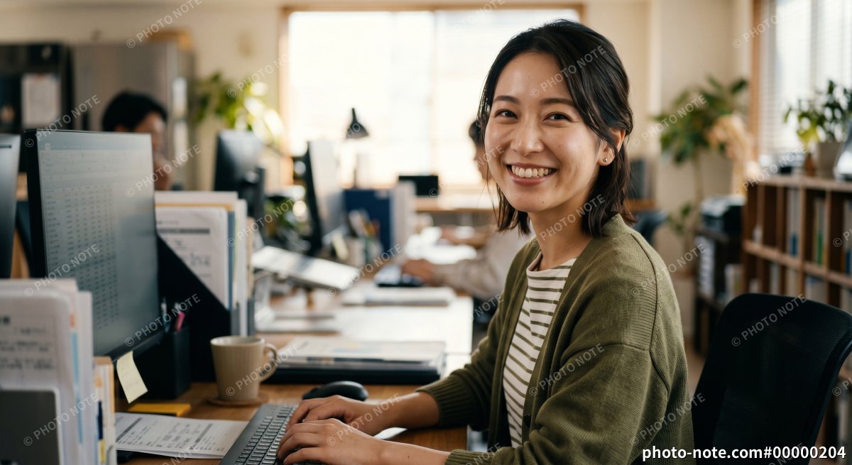 オフィスカジュアルで働く若い女性