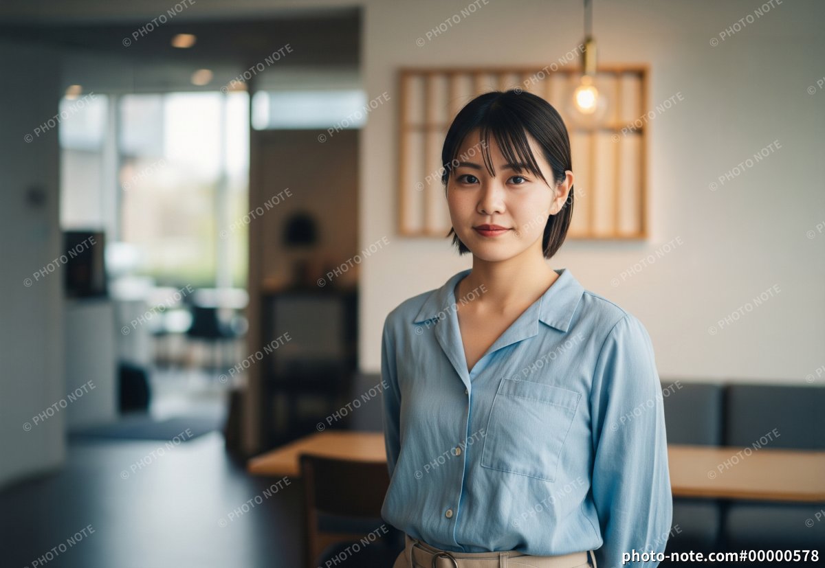 モダンな店内に立つ若い女性のポートレート