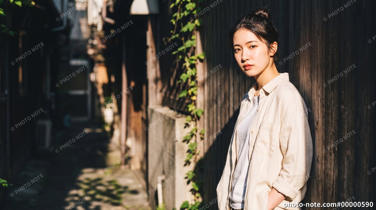 路地に立つ若い若い女性