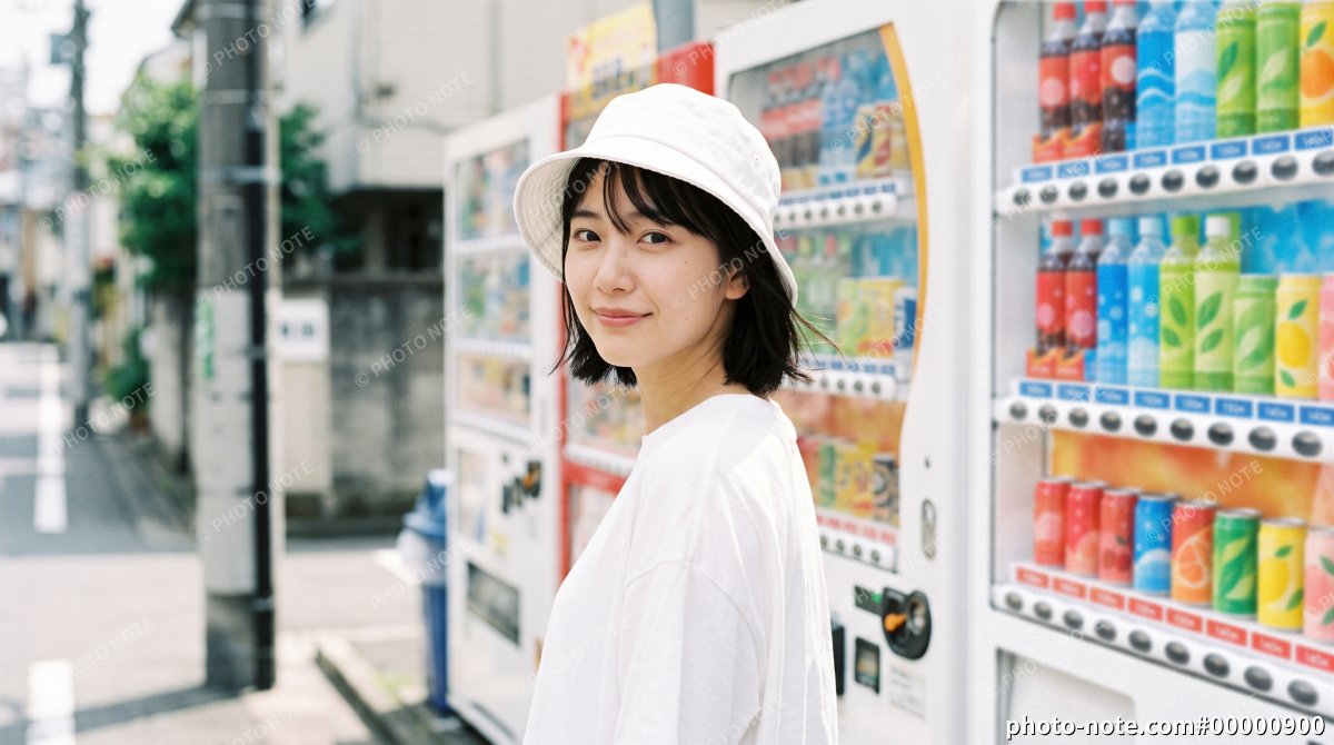 街角の自動販売機の前で立ち止まり微笑む若い女性
