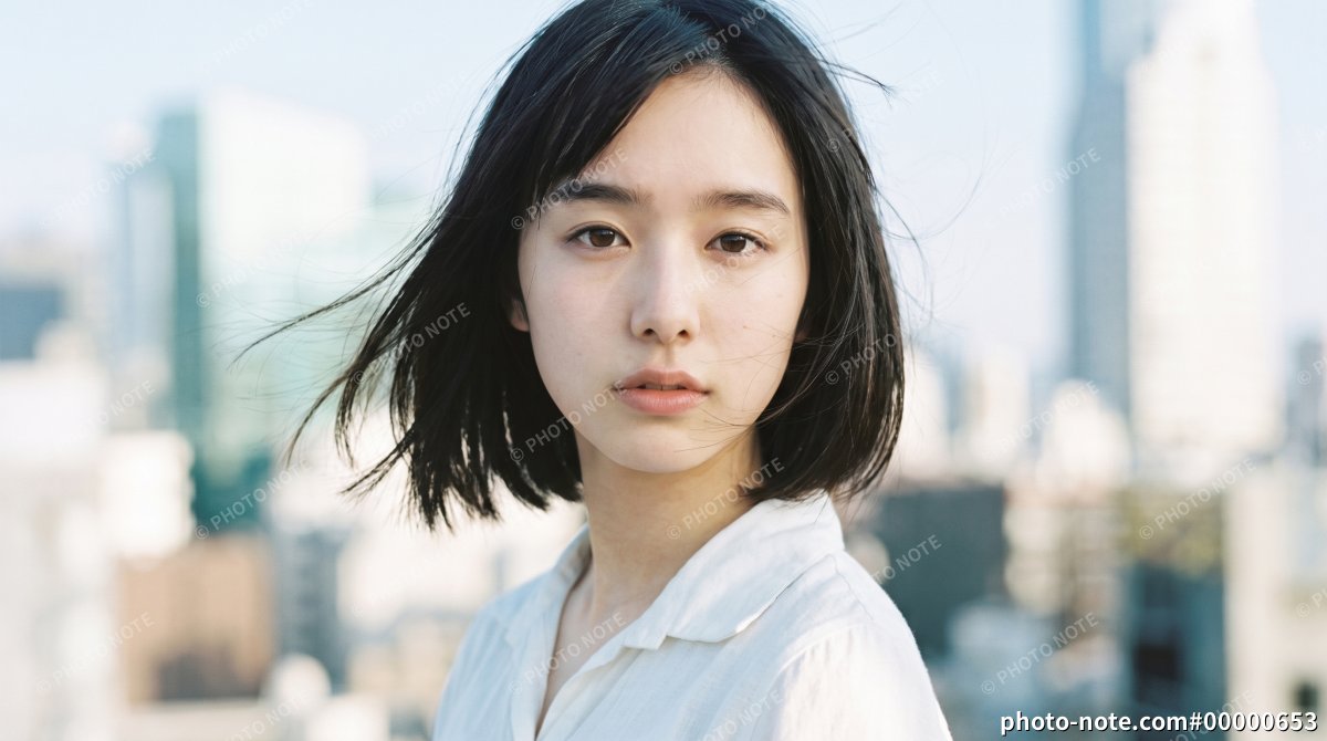 風に髪をなびかせる白いシャツを着た若い女性のポートレート